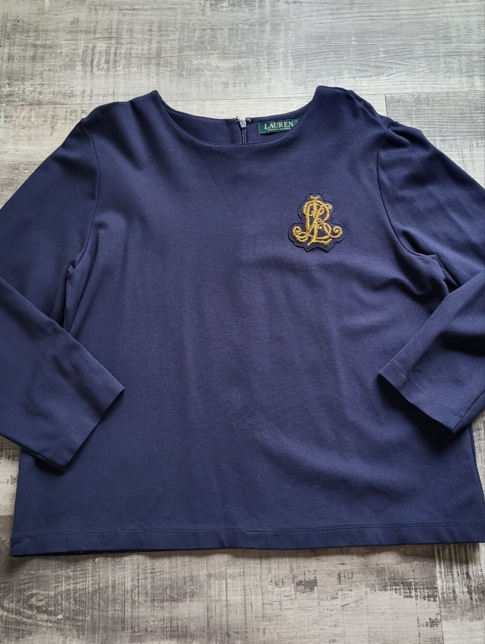 Lauren Ralph Lauren Womens Blue Top Metallic Crest Monogram Long Sleeve Size L